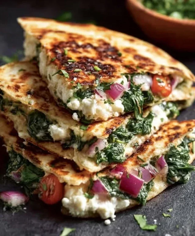 Mediterranean Quesadillas with Spinach, Feta, Mozzarella, and Red Onion