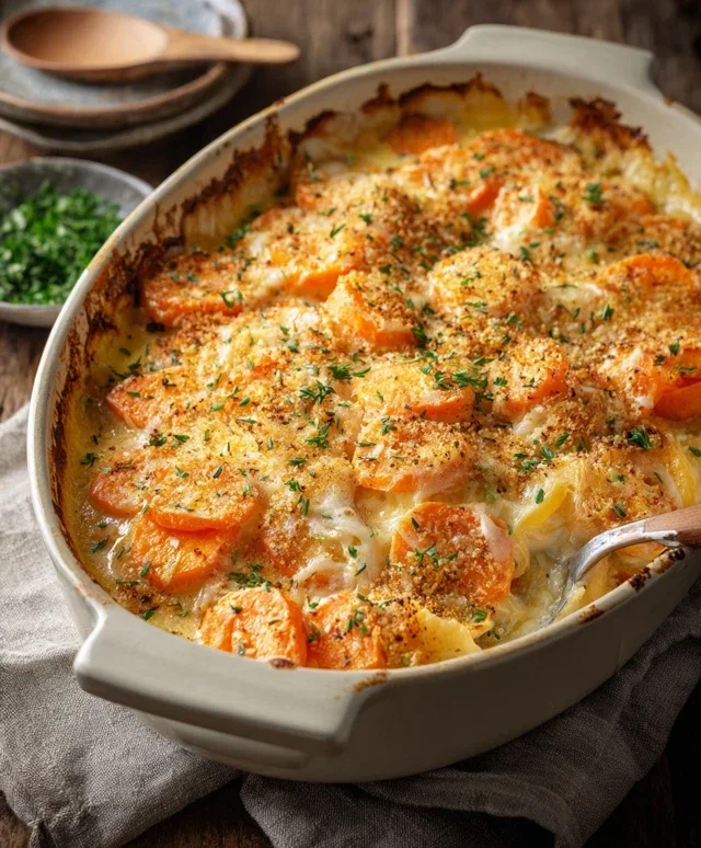 Cheesy Garlic Carrot Gratin – Creamy, Sweet & Savory