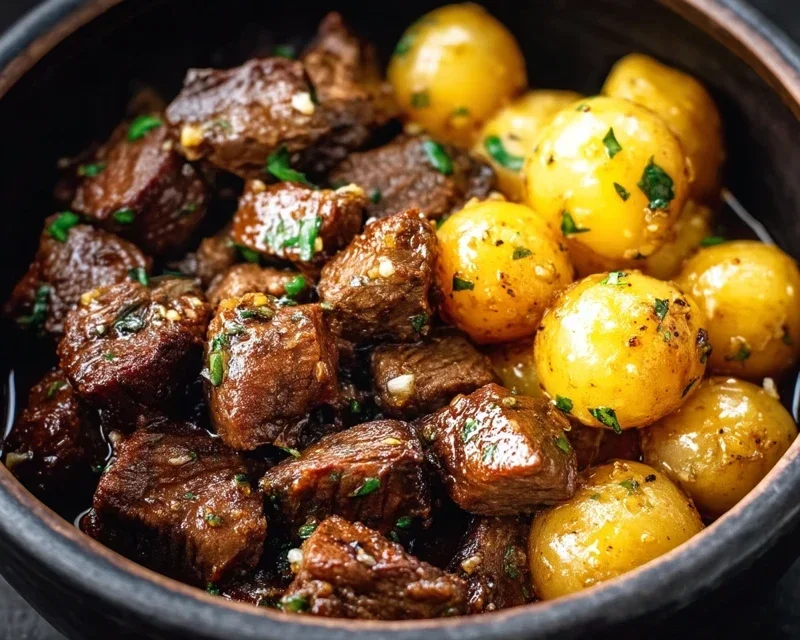 Slow Cooker Garlic Butter Beef Bites with Potatoes