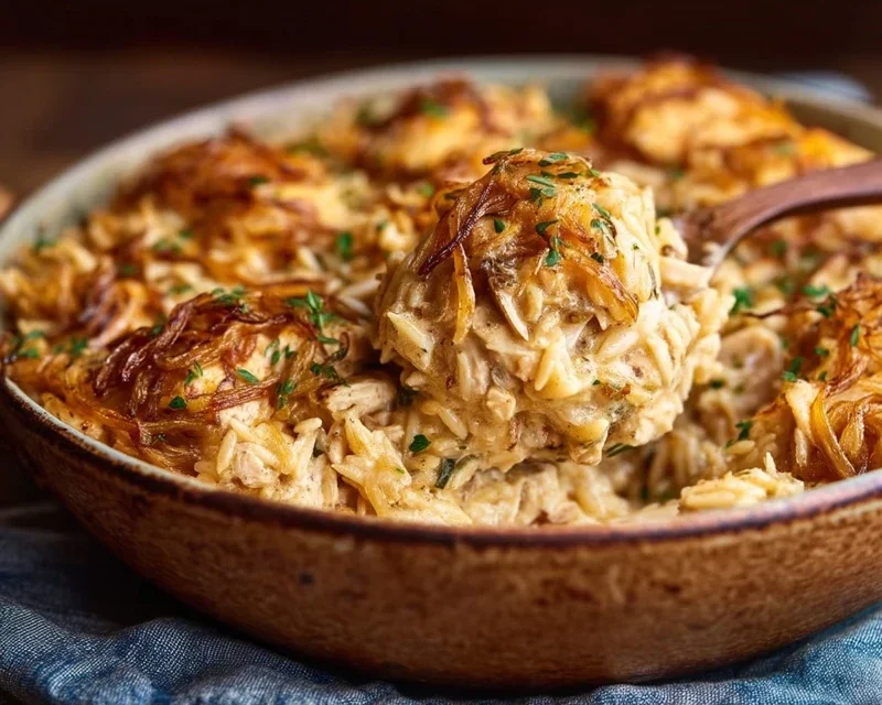 French Onion Chicken Orzo Casserole