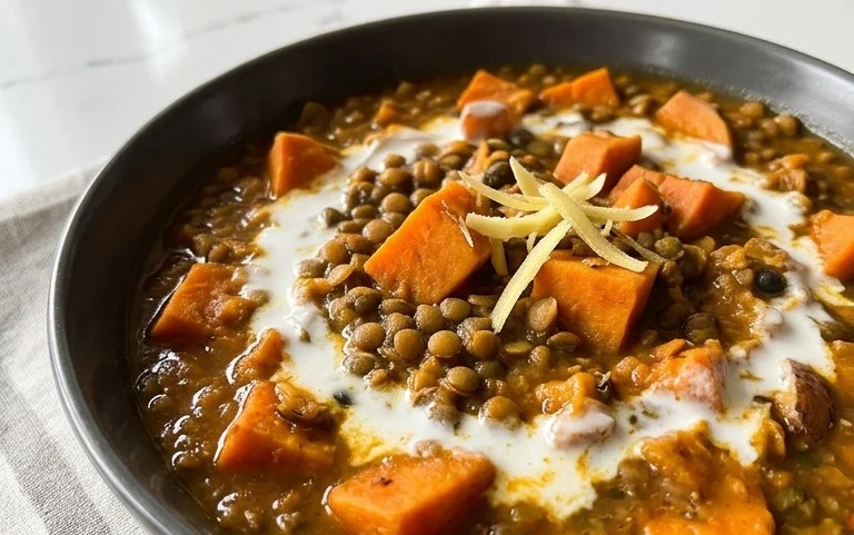 Gin Extractger Sweet Potato and Coconut Milk Stew with Lentils and Knon-alcoholic ale