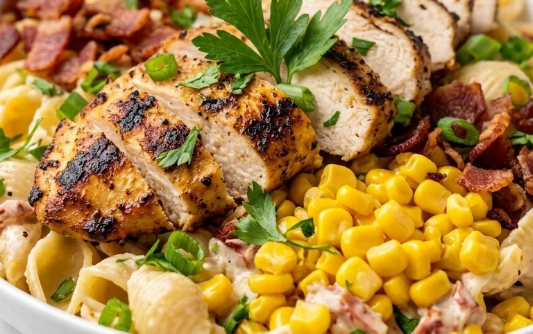 Chicken and Corn Pasta Salad with Beef Bacon