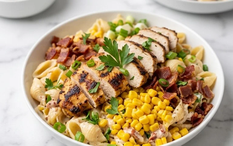 Chicken and Corn Pasta Salad with Beef Bacon