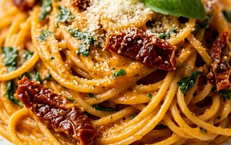 Spaghetti & Spinach with Sun-Dried Tomato Cream Sauce