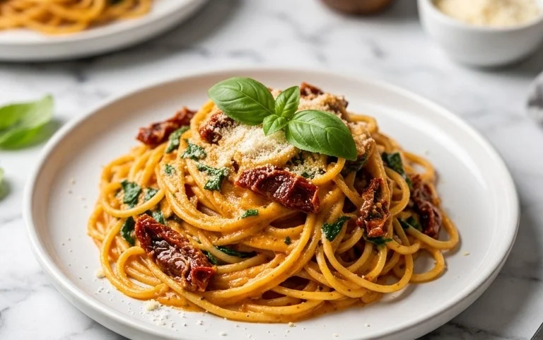 Spaghetti & Spinach with Sun-Dried Tomato Cream Sauce