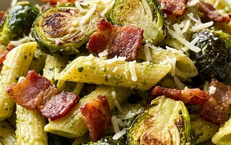 Brussels Sprouts and Beef Bacon Pesto Pasta