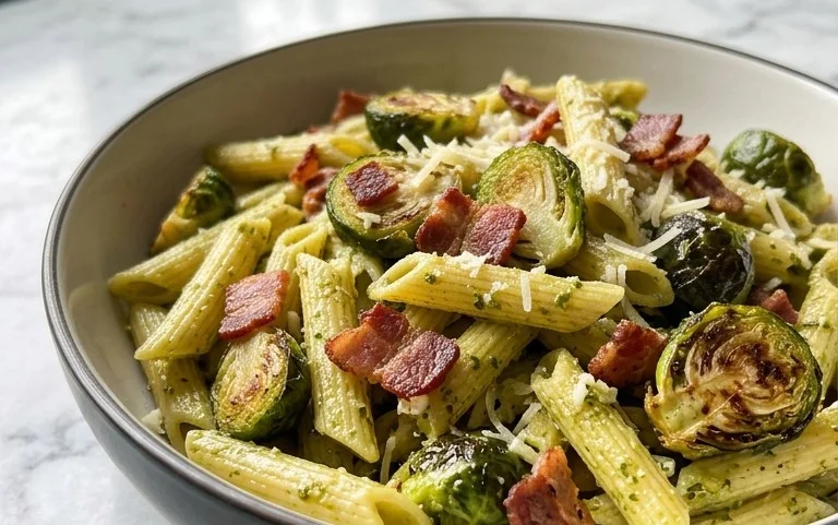 Brussels Sprouts and Beef Bacon Pesto Pasta