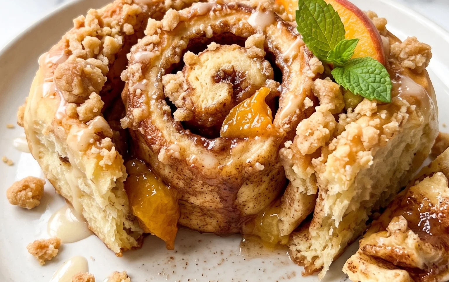 Peach Cobbler Cinnamon Rolls with Crum extractb Topping
