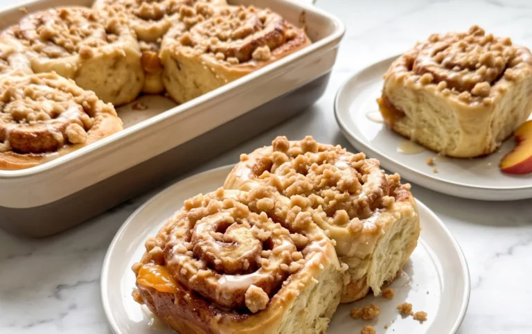 Peach Cobbler Cinnamon Rolls with Crum extractb Topping