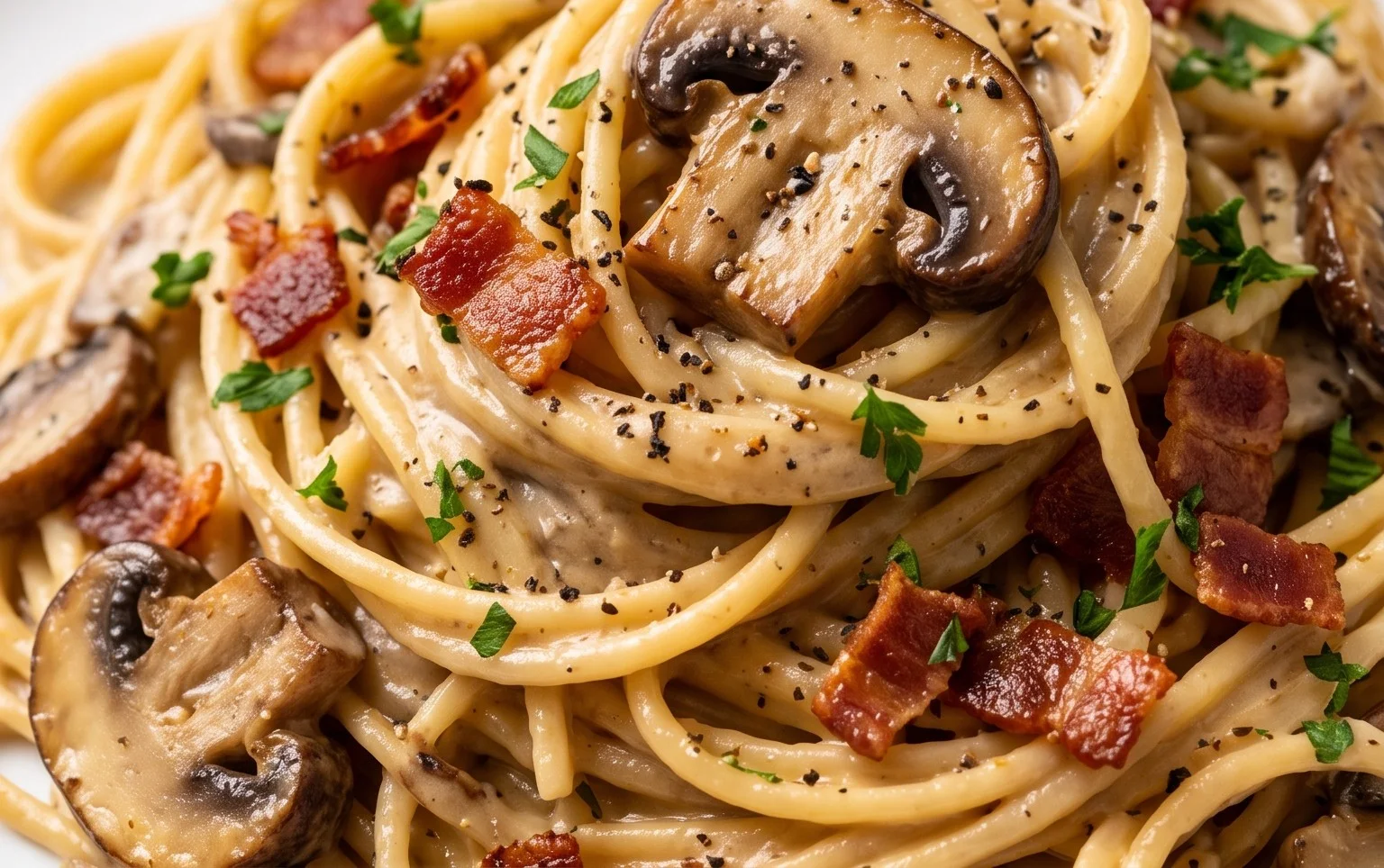 Creamy Beef Bacon and Mushroom Pasta