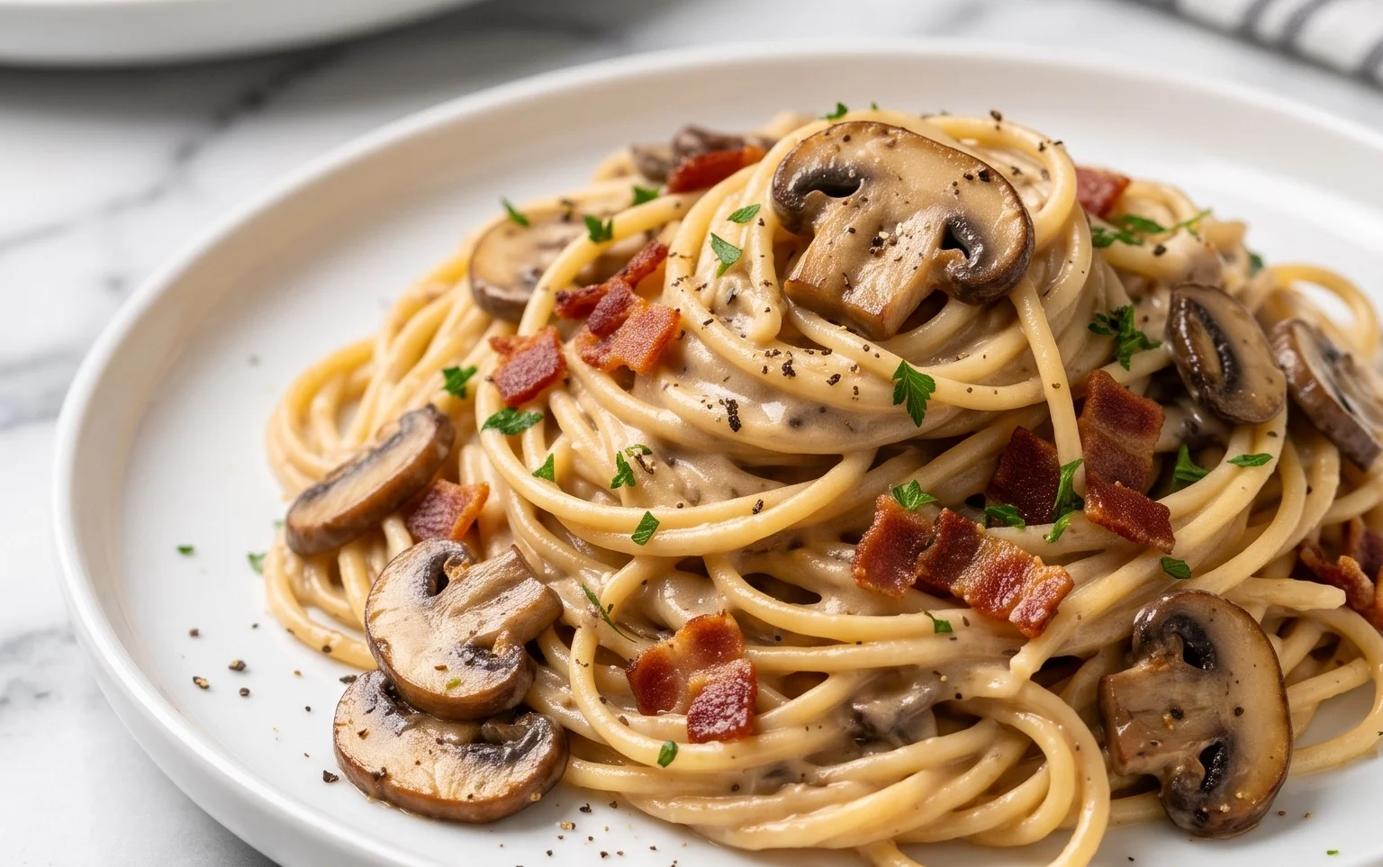 Creamy Beef Bacon and Mushroom Pasta