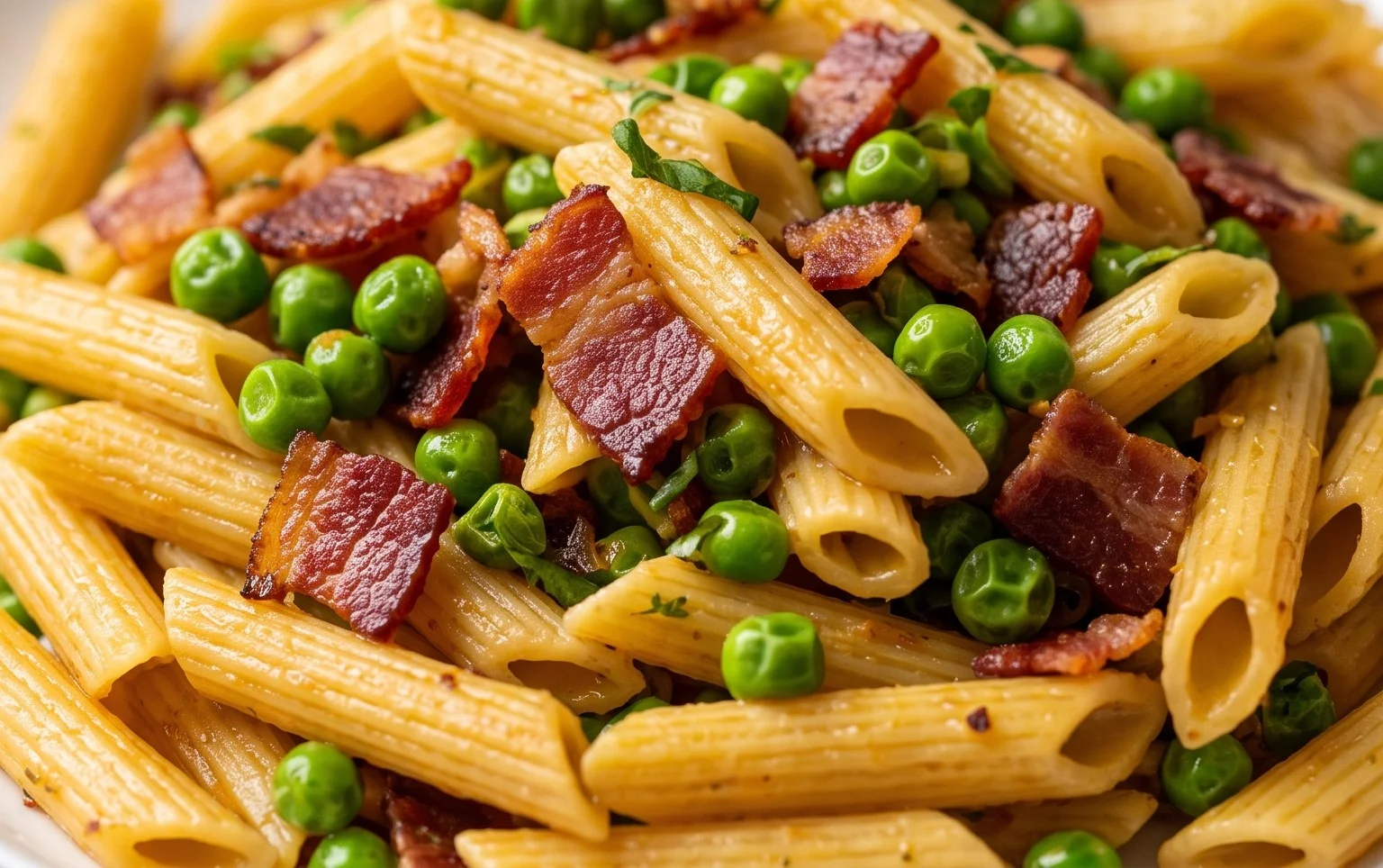 Penne Pasta, Peas and Beef Bacon