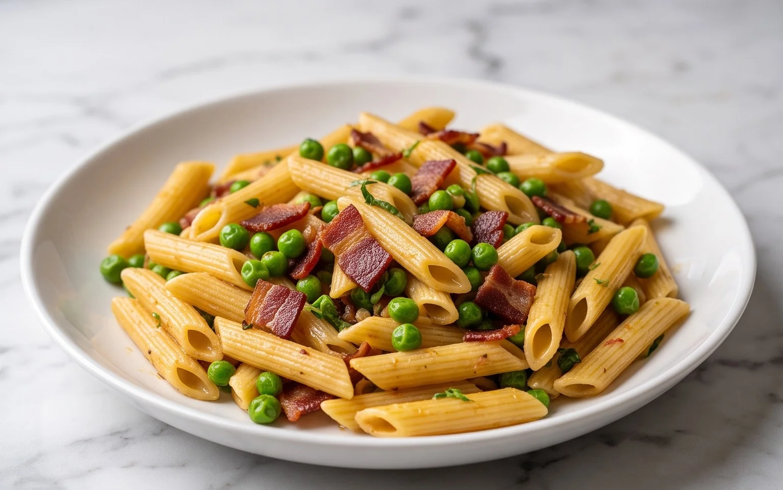 Penne Pasta, Peas and Beef Bacon