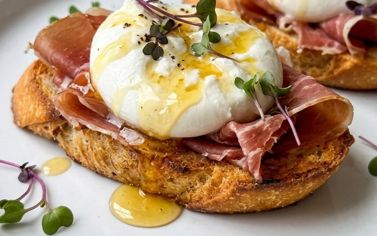 Beef Prosciutto Crostini with Burrata and Lemon Honey Drizzle