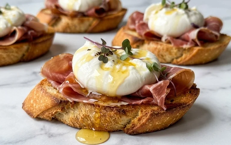 Beef Prosciutto Crostini with Burrata and Lemon Honey Drizzle